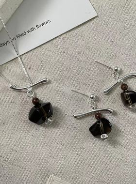 通体纯银茶晶文艺复古项链耳钉女