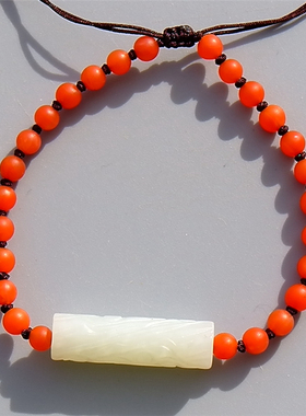 芳=馨2021明清天然新疆和田玉白玉籽料雕花柱南红珠手链证书复检