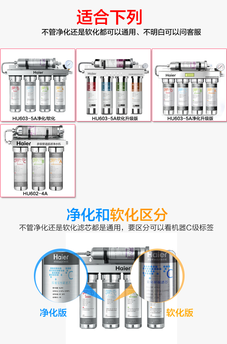 海尔净水器滤芯HU603-5A净化/软化升级版全套超滤机配件耗材原装