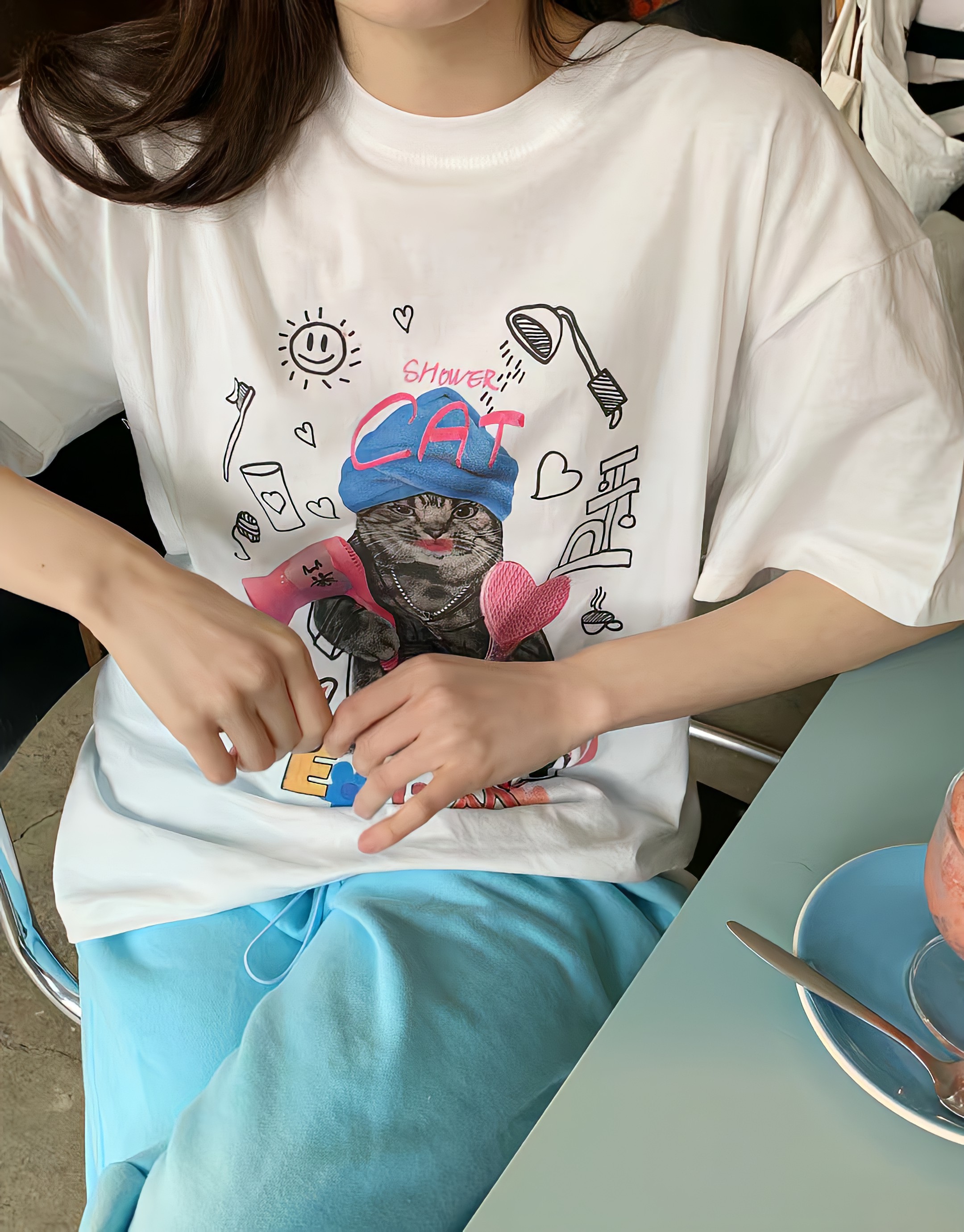 [REコンテナ] STAY SEOUL TSHIRT-logo搞怪猫咪复古涂鸦短袖T恤-图2