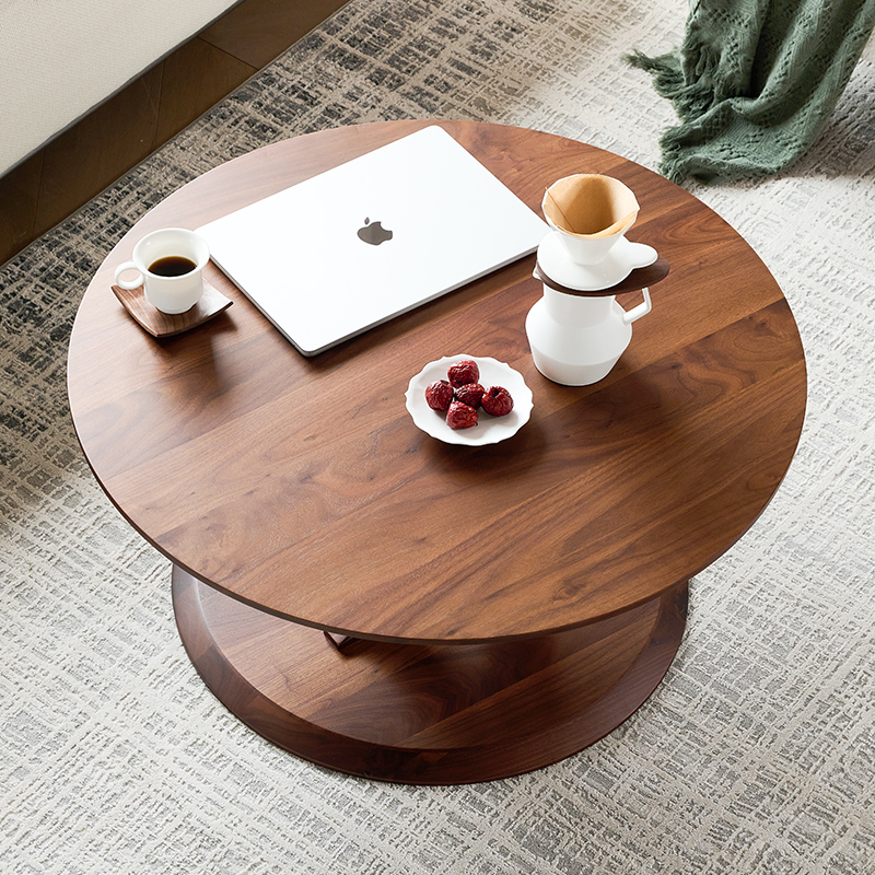 北美黑胡桃木茶几小户型圆形茶几桌客厅家用沙发矮桌实木小型茶桌