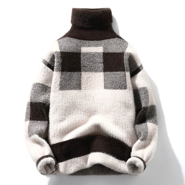 Imitation mink velvet men's sweater and thread casual and versatile trendy plaid contrast color base warmth thickened turtleneck pullover