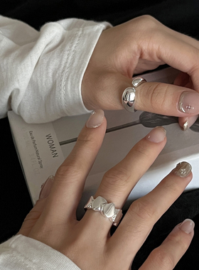 极简几何光面水滴石纹理纯银戒指