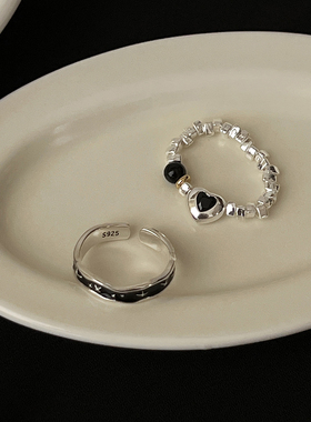 黑玛瑙爱心碎银弹力绳纯银戒指女