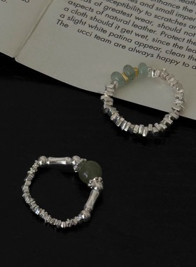 绿东玉石碎银弹力绳竹节纯银戒指