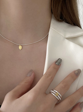 纯银女项链法式撞色浮雕吊坠ins