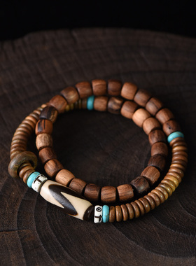 越南沉香木手串双圈男女款玛瑙天珠虎牙天珠复古民族风串珠文玩