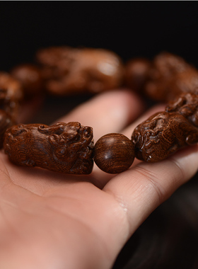 五貅镇福 金丝檀木貔貅手串男女木质雕刻文玩佛珠手链大气男檀香