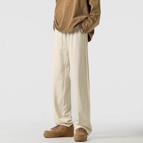 Sjc project杏色阔腿卫裤男春秋直筒宽松裤子潮ins加绒条纹运动裤 - 图2