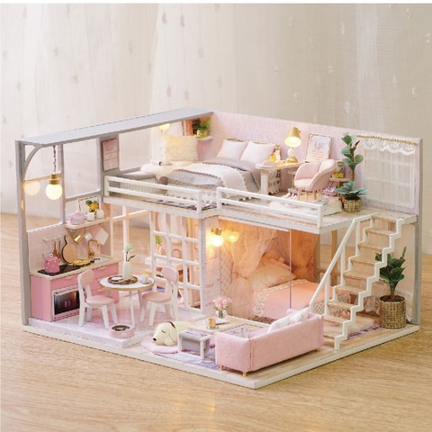 迷你diy小屋手工制作小房间家具模型屋拼接带小家具别墅公主房。