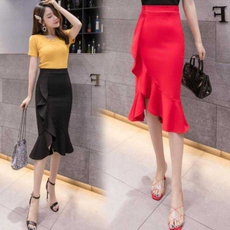 Брюки 韩版半身裙女春夏装不规则荷叶边高腰大码弹力修身显瘦鱼尾包臀裙