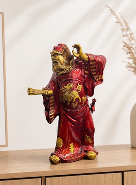黄铜钟馗手拿扇子天师福神像摆件