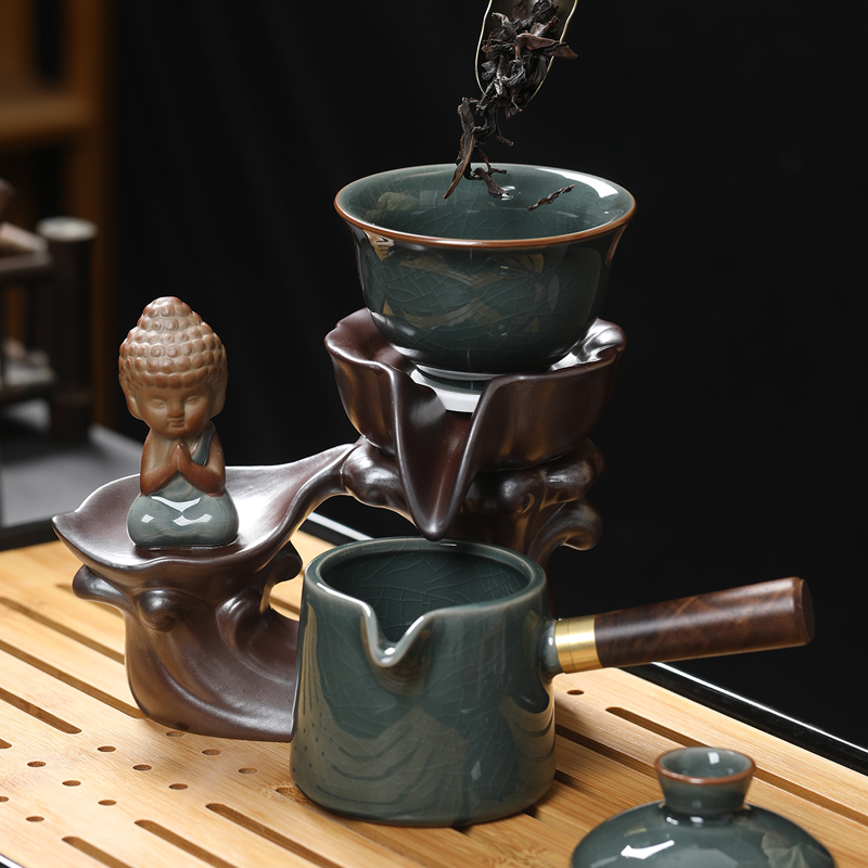 哥窑懒人泡茶器创意旋转出水功夫泡茶壶石磨自动茶壶公道杯茶配件 - 图0