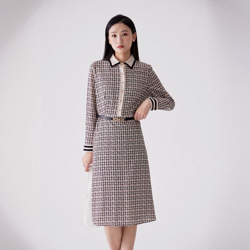 天轩商场同款2023女连衣裙新中长款咖格系带时尚名媛气质THQD151