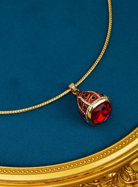 中古宫廷风气质项链镀真金镶嵌红色莱茵石锁骨链时尚镶钻百搭饰品