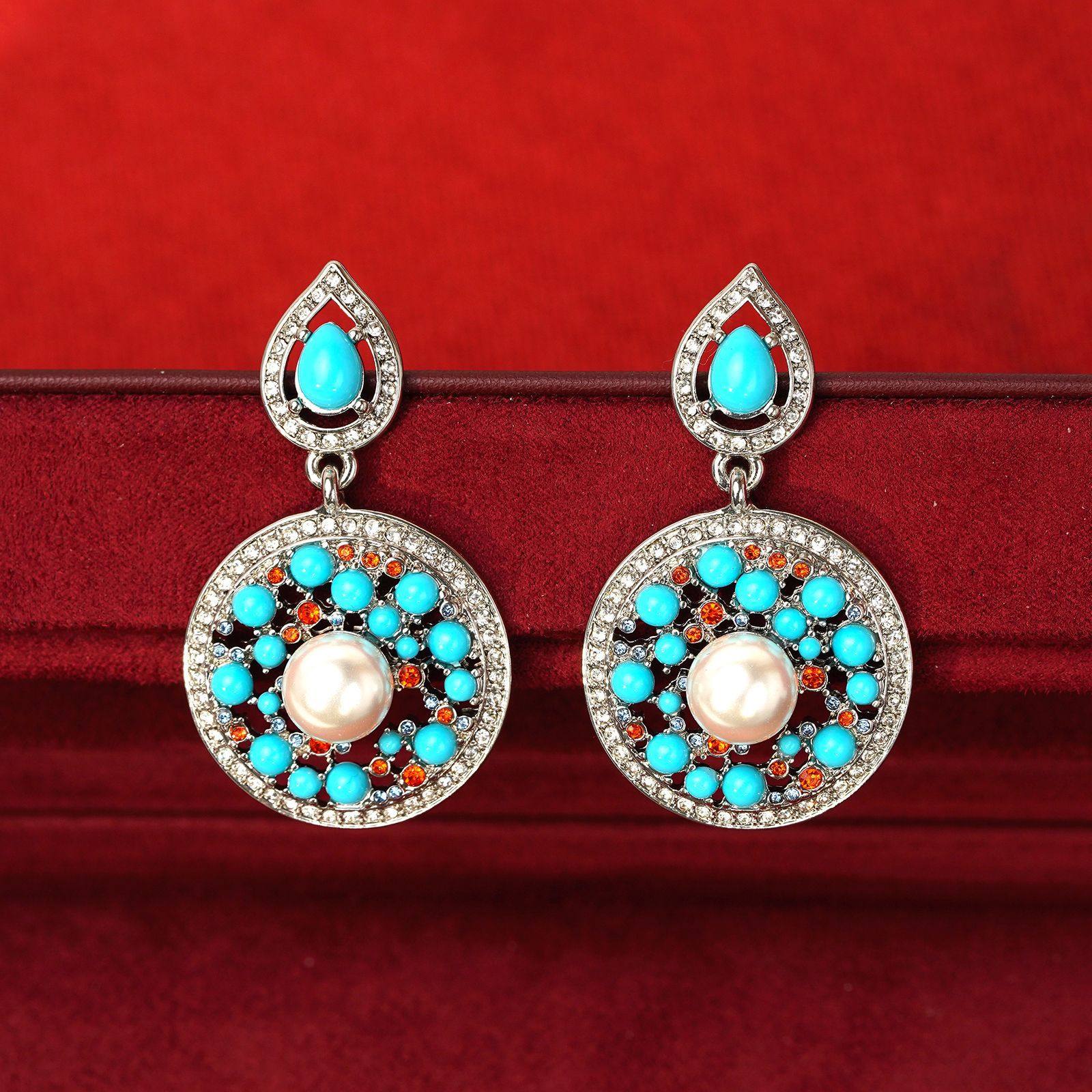 中古宫廷风镶嵌珍珠耳钉项链套装女复古蓝色时尚气质轻奢小众夸张,淘宝优惠券,粉丝福利购,淘宝优惠卷