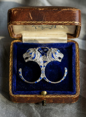 中古复古宫廷风双头豹双指戒指镶钻轻奢感中性个性时尚指环女