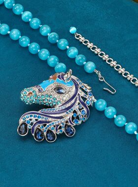 中古项链马头造型本命年马年小众设计蓝色精致锁骨链轻奢感毛衣链