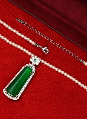 中式复古古典气质珍珠项链女精致简约大气锁骨链轻奢绿色清新饰品