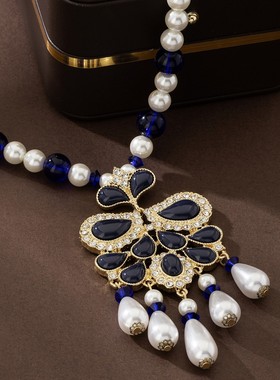 蓝色经典手绘珐琅珍珠项链 华丽精美设计感经典异域风情蝴蝶项链