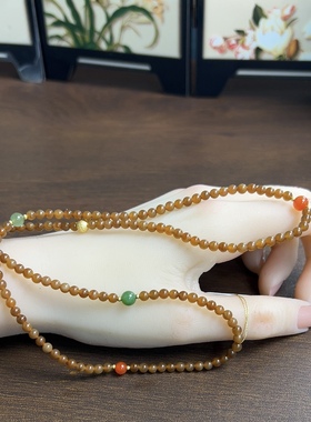 新疆直发正品且末糖玉三圈手链天然玉石手串红糖小米珠4mm带证书