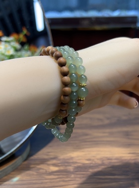 新疆直发正品和田玉湖水绿搭配老山檀手串天然玉石老料6mm手链
