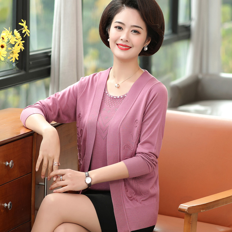 春装新款中老年女装针织衫短袖 恤真两件套胖妈妈装长袖开衫外套 t 春装新款中老年女装针织衫短袖 恤真两件套胖妈妈装长袖开衫外套 t