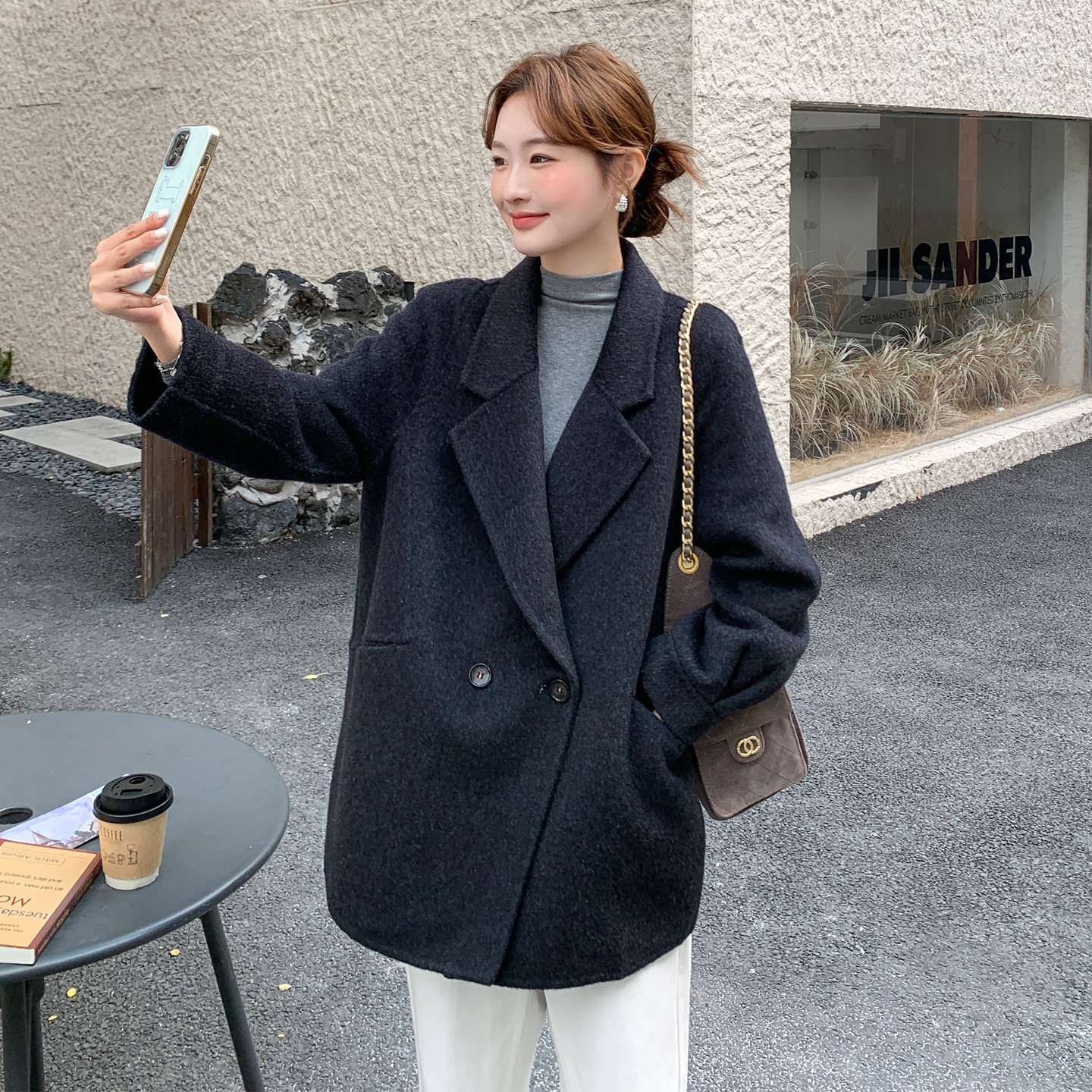 漫沿MANYAN灰色短款羊毛羊绒大衣高级双面呢子正肩毛呢西装外套女,淘宝优惠券,粉丝福利购,淘宝优惠卷