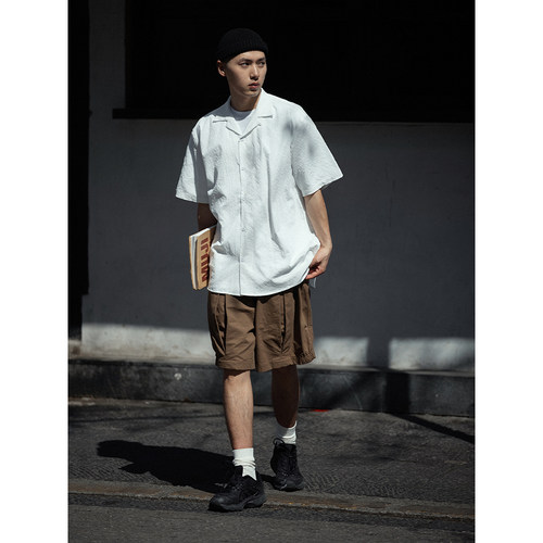 NOEARS白色古巴领微宽松衬衫男免烫抗皱夏季薄款休闲衬衣日系通勤 - 图0
