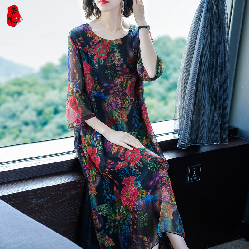 妈妈款夏装连衣裙时尚显瘦中老年女装中年女士遮肚藏肉印花大摆裙 妈妈款夏装连衣裙时尚显瘦中老年女装中年女士遮肚藏肉印花大摆裙