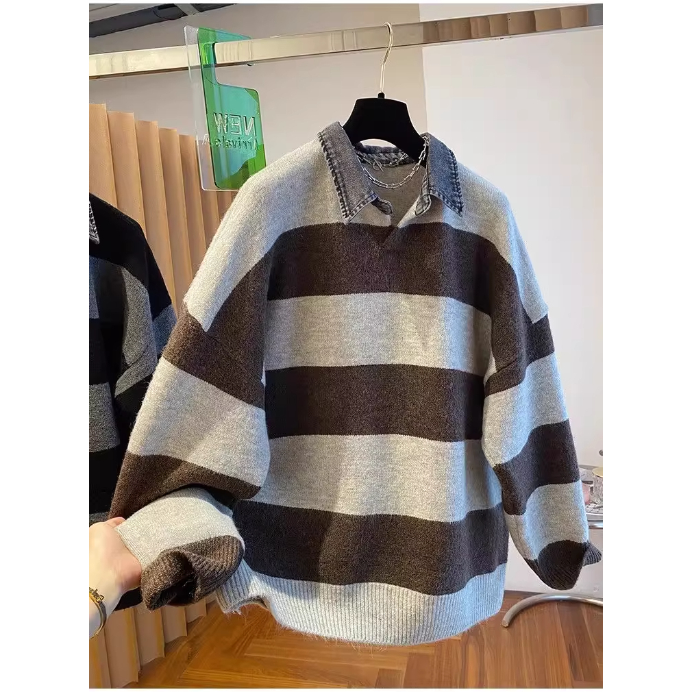 特大码300斤牛仔领拼接翻领毛衣男女装秋冬季撞色条纹宽松针织衫2 - 图2