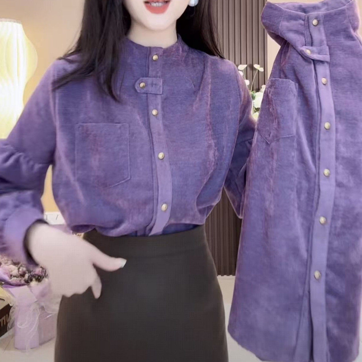 紫色港风气质设计感秋冬精致长袖衬衫上衣新款法式加纽扣厚衬衣女,淘宝优惠券,粉丝福利购,淘宝优惠卷