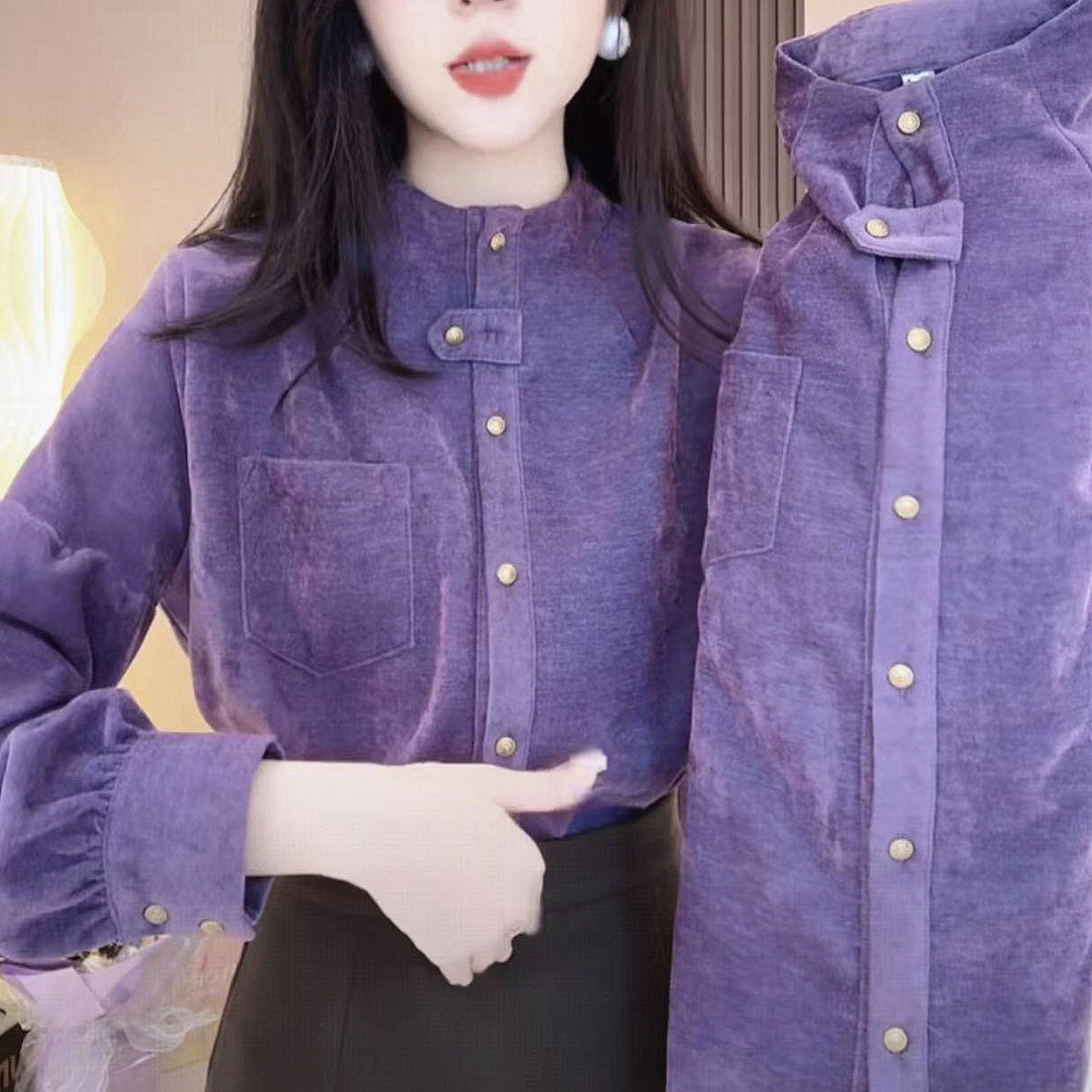 紫色港风气质设计感秋冬精致长袖衬衫上衣新款法式加纽扣厚衬衣女,淘宝优惠券,粉丝福利购,淘宝优惠卷