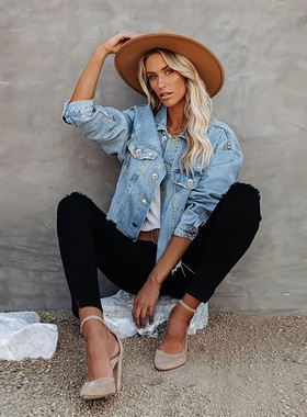 Autumn women's blue loose denim jacket春秋季女款蓝色牛仔外套