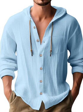 Men's long-sleeve solid color casual hooded shirt男 连帽衬衫