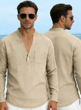 Men's Casual Long Sleeve V-Neck Outdoor Shirt休闲V领户外衬衫