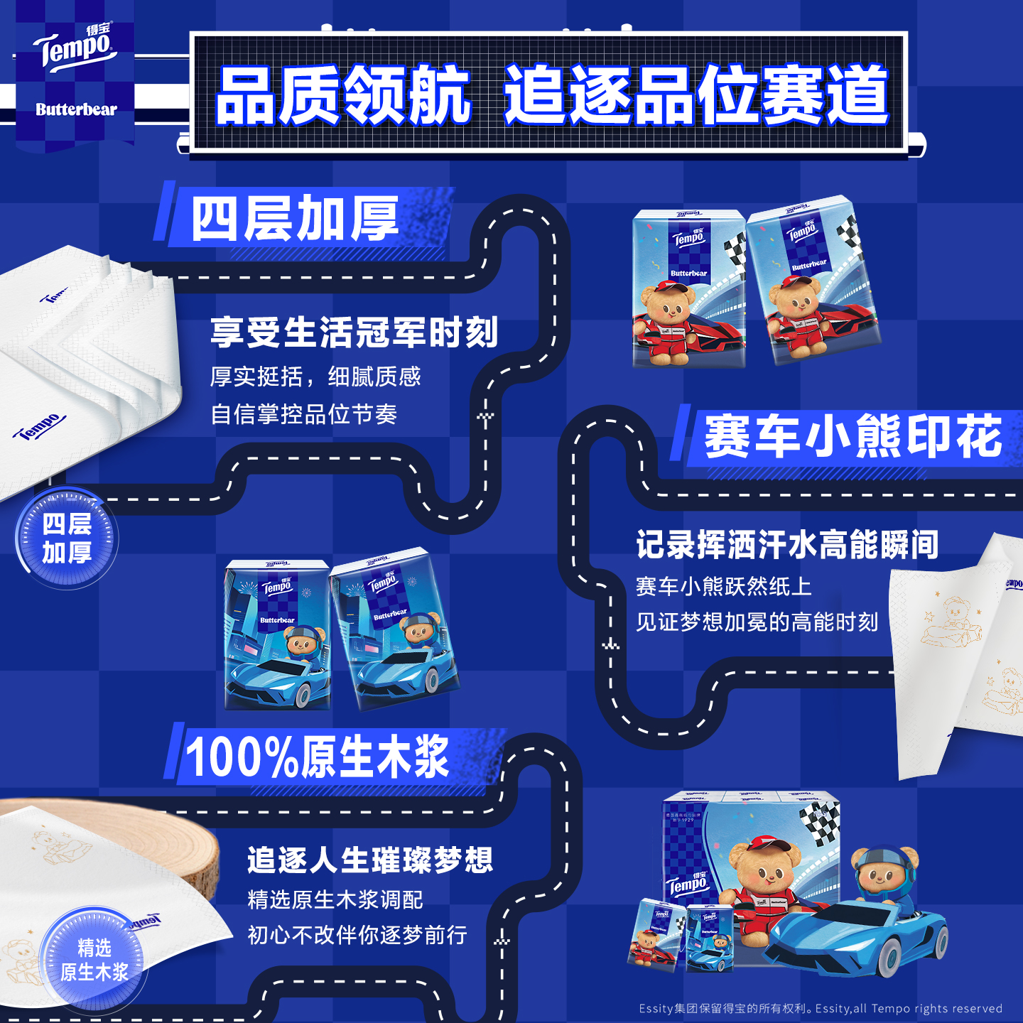 新品tempo得宝黄油小熊赛车对半撕手帕纸4层加厚36包K