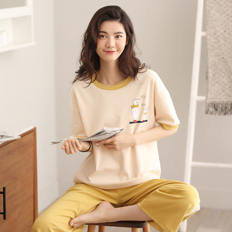 夏季纯棉短袖长裤套头简约可爱睡衣 索纳茜睡衣/家居服套装