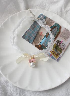 蕾丝少女风白色百搭珍珠吊坠项链