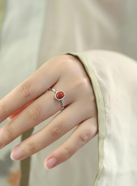 新中式南红戒指女 银戒 闺蜜生日礼物 过年送礼 设计感的独特戒指