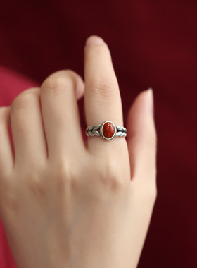 女士小众复古开口可调节925纯银南红古风戒指女 高级感 麦穗戒指
