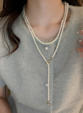 高级感镶钻花朵几何珍珠款项链气质轻奢风毛衣链法式复古项饰