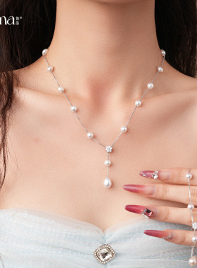 法式复古锆石花朵珍珠项链轻奢感小众毛衣链精致气质百搭项饰