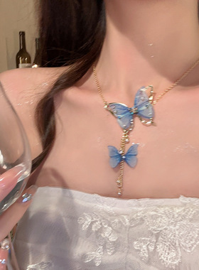 粉人造水晶网纱蝴蝶花朵项链甜美锁骨链网红小清新感项饰