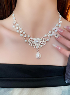 欧美复古镶钻珍珠平安锁吊坠项链夸张设计锁骨链轻奢感项饰女