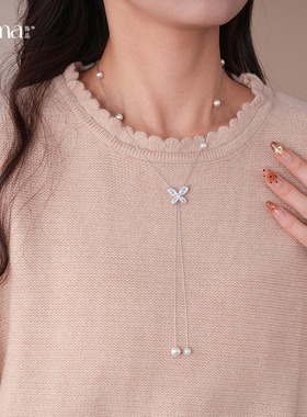 韩国时尚串珠锆石蝴蝶珍珠项链轻奢感毛衣链轻奢感项饰女