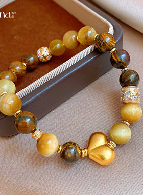 18k真金电镀复古虎眼石串珠爱心手链轻奢感手串时尚复古手饰