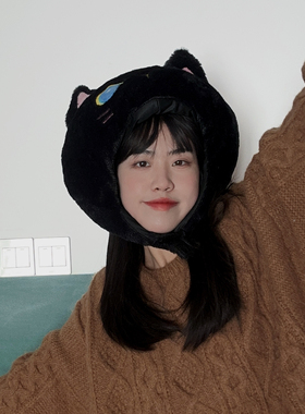 蓝眼睛黑色猫咪头套帽子卡通可爱
