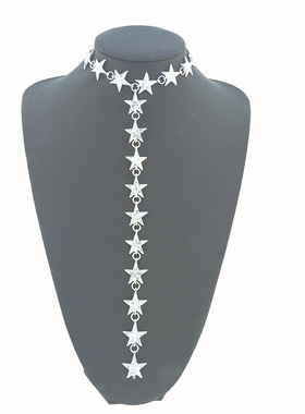 B1362欧美时尚choker百搭镶钻五角星流苏长款颈链项链necklace