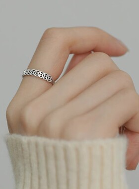 S925纯银钱多多招财戒指ins潮小众设计复古铜钱开口可调节食指戒